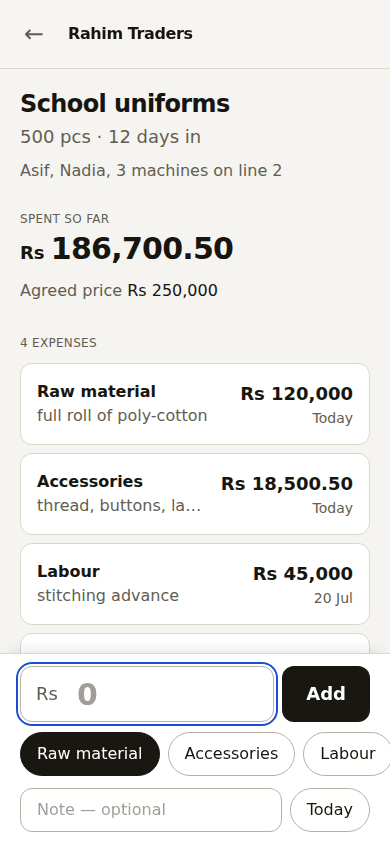 An open order showing total spent and its expense list