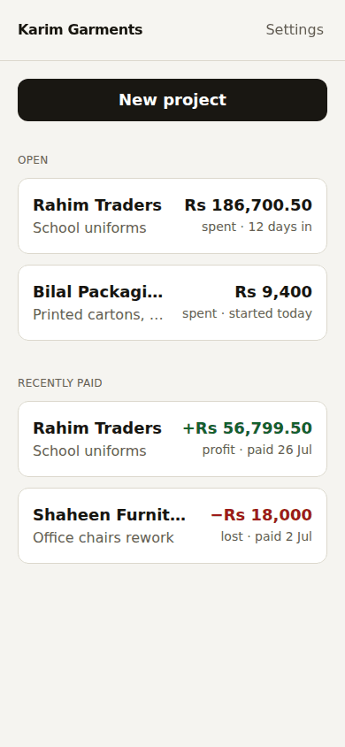 Projects list showing open orders and the profit on paid ones